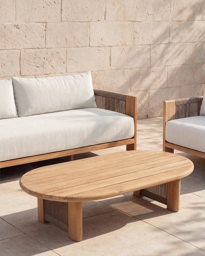 Curved Solid Teak and All-Weather Rope Outdoor Coffee Table