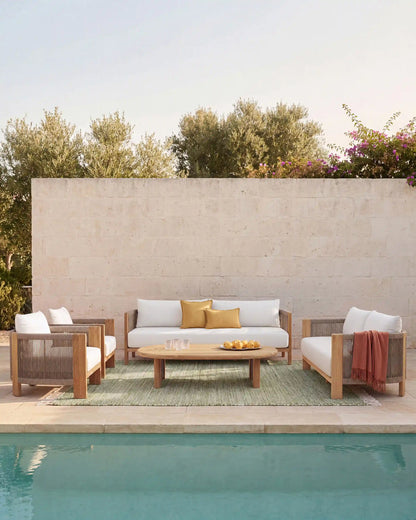 Curved Solid Teak and All-Weather Rope Outdoor Coffee Table