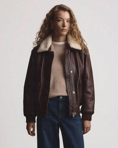 100% Leather Shearling Trim Aviator Jacket