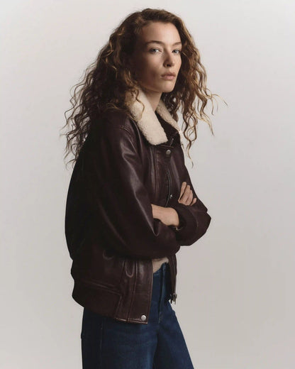 100% Leather Shearling Trim Aviator Jacket