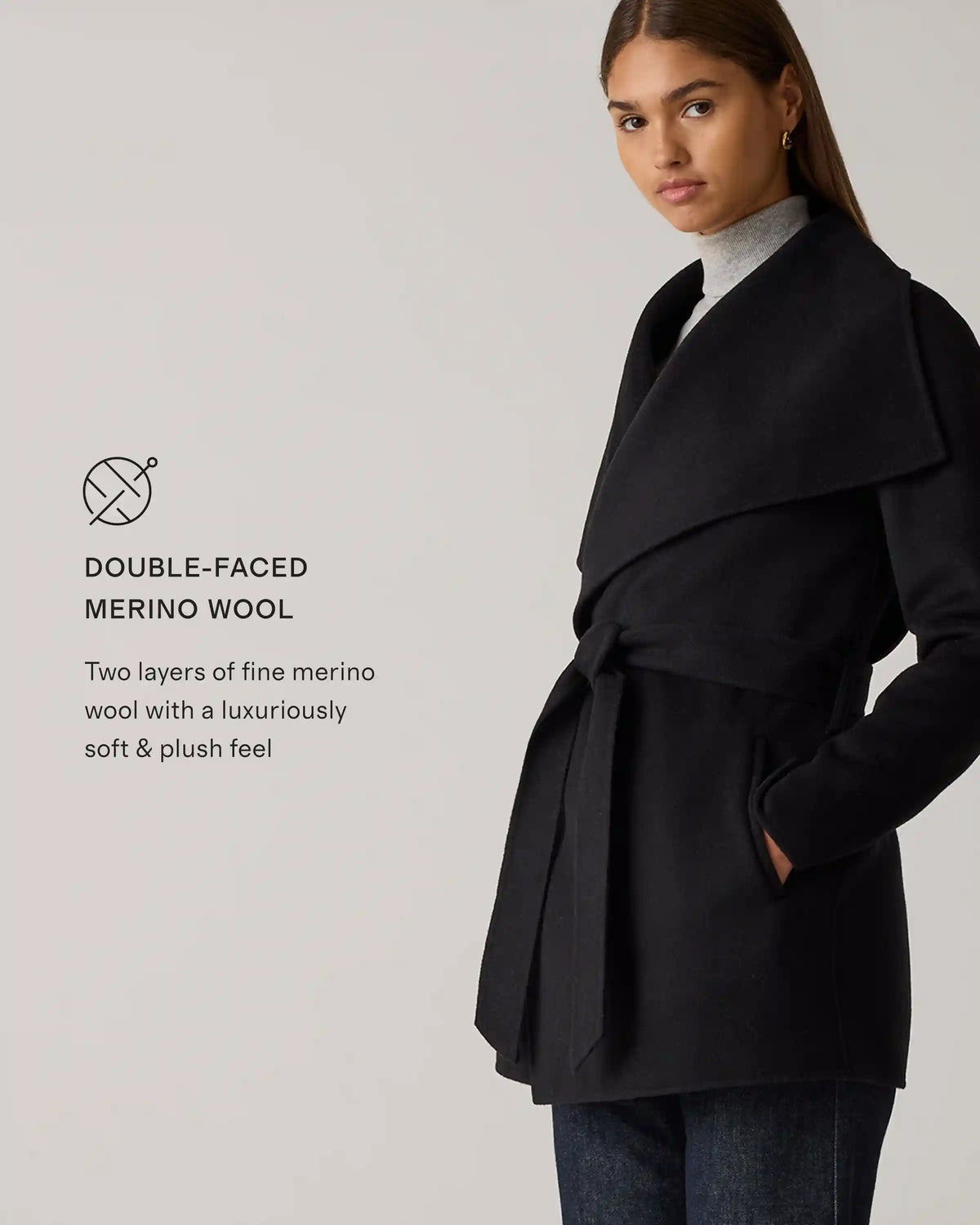Double-Faced Merino Wool Draped Collar Short Wrap Coat