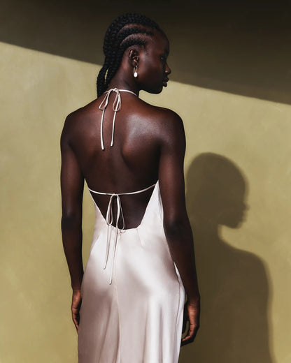 100% Washable Silk Halter Maxi Dress
