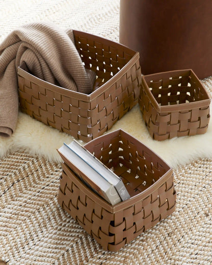 Recycled Woven Leather Baskets (set of 3)