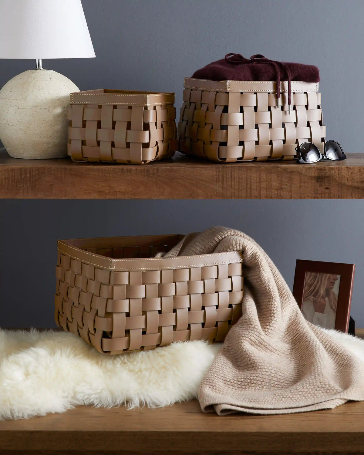 Recycled Woven Leather Baskets (set of 3)