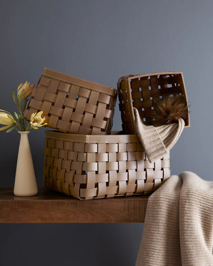 Recycled Woven Leather Baskets (set of 3)