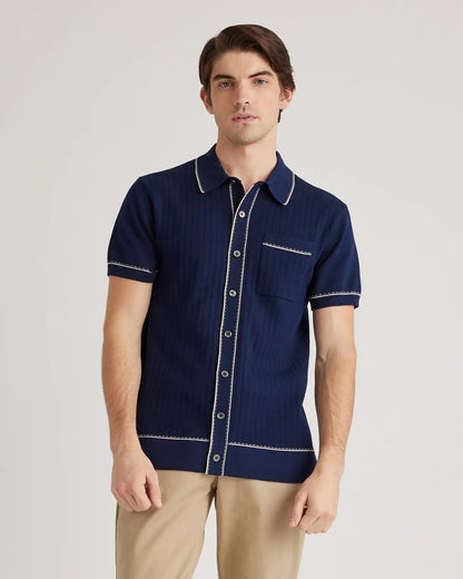 Organic Cotton-Silk Tipped Button Down Polo Sweater