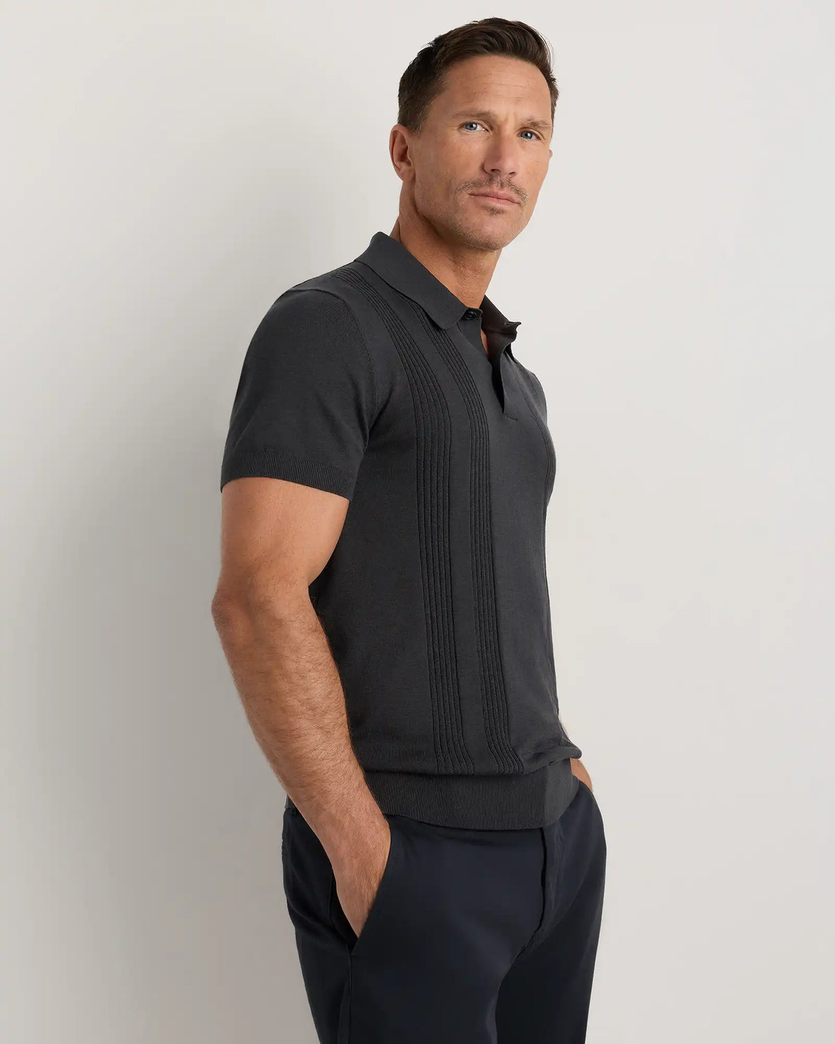 Cotton-Silk Ribbed Short Sleeve Sweater Polo