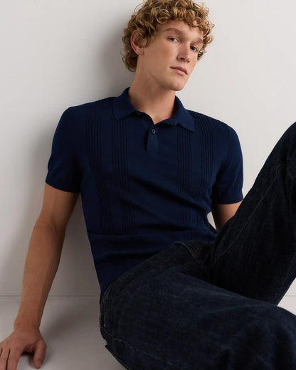 Cotton-Silk Ribbed Short Sleeve Sweater Polo