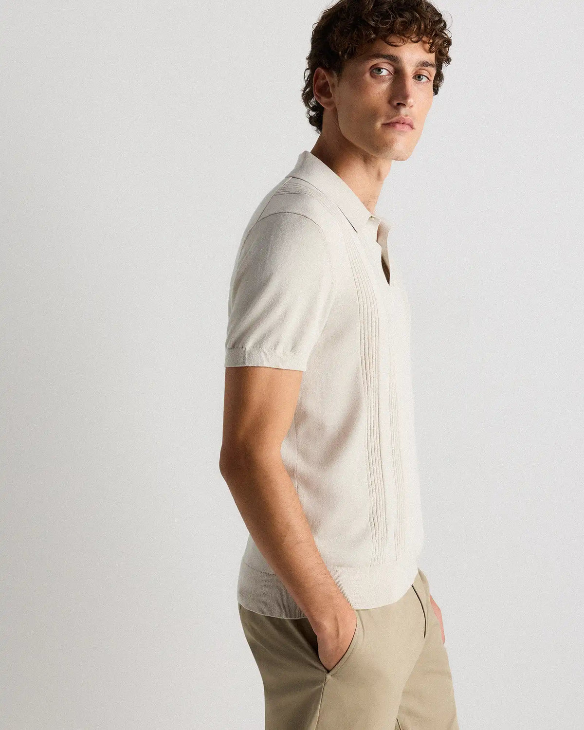Cotton-Silk Ribbed Short Sleeve Sweater Polo