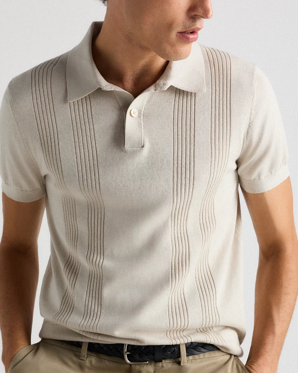 Cotton-Silk Ribbed Short Sleeve Sweater Polo