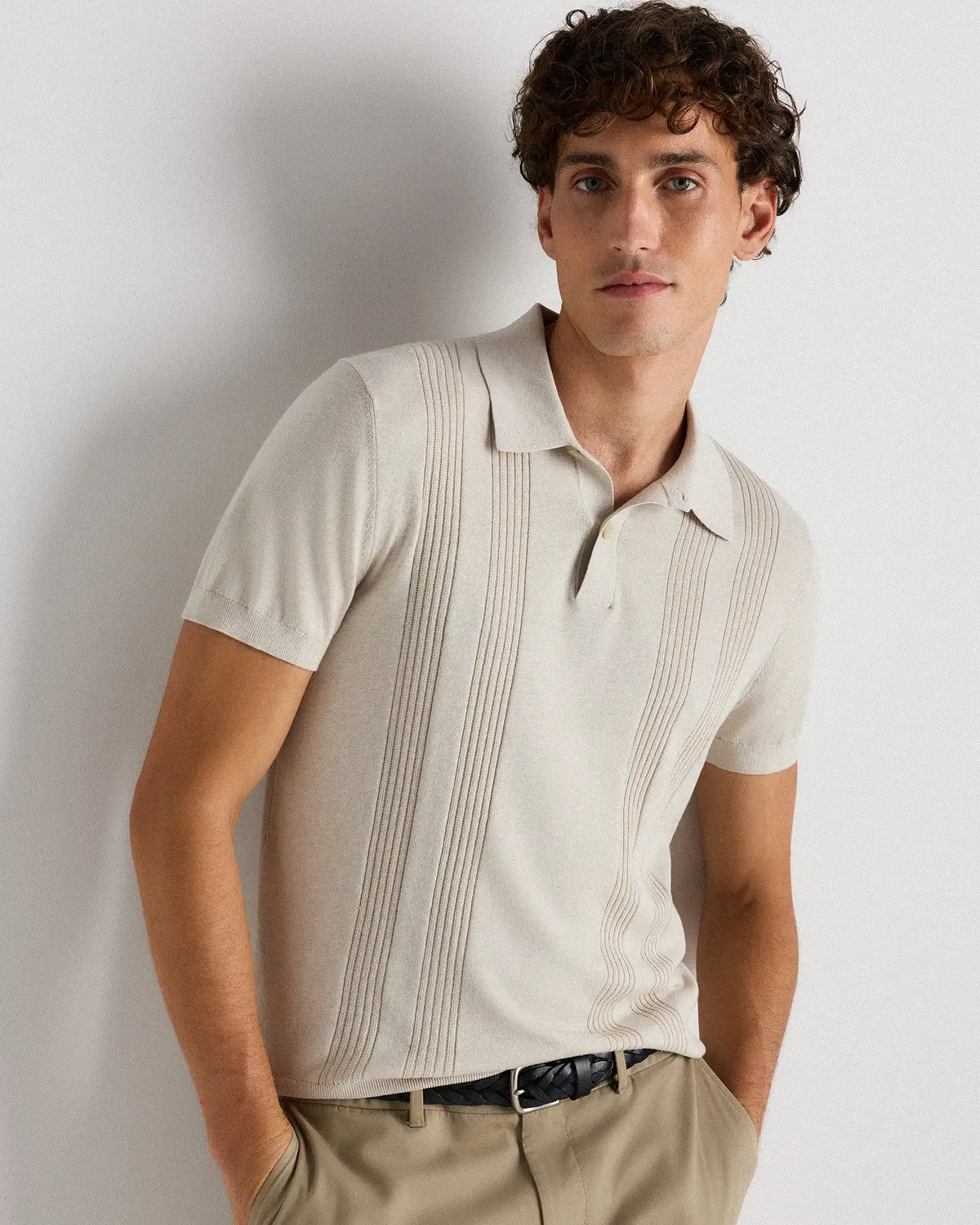 Cotton-Silk Ribbed Short Sleeve Sweater Polo