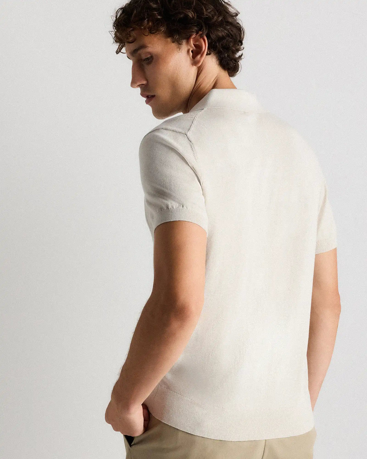 Cotton-Silk Ribbed Short Sleeve Sweater Polo
