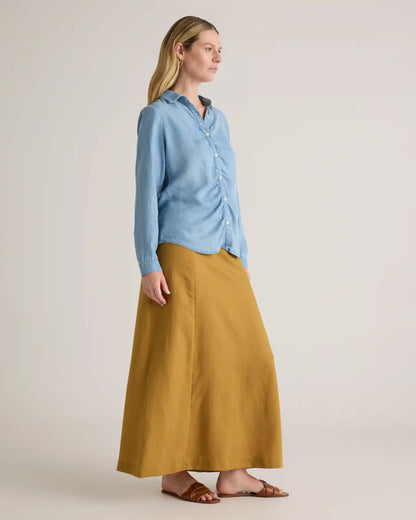 Chambray Tencel Shirred Long Sleeve Shirt