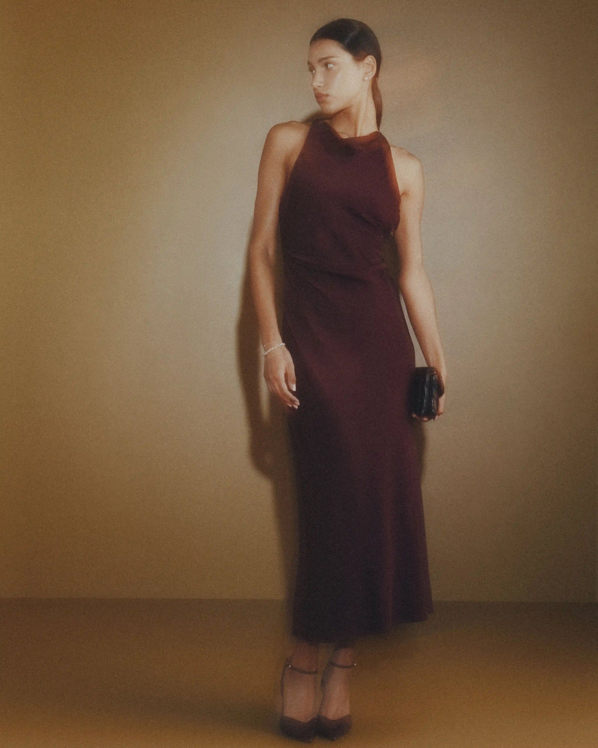 Washable Stretch Silk High Neck Midi Dress