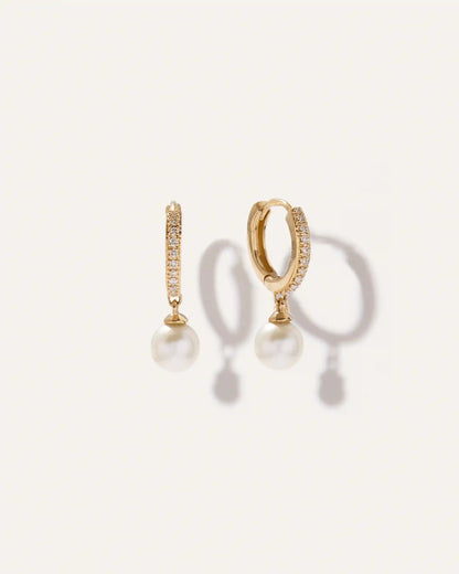 14K Gold Pave Diamond Hoop Pearl Drop Earrings
