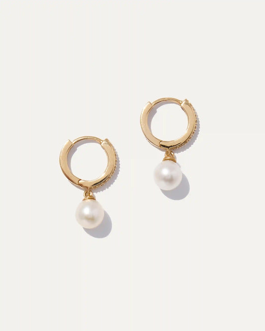 14K Gold Pave Diamond Hoop Pearl Drop Earrings