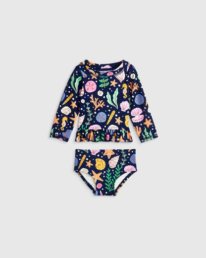 Long Sleeve Ruffle Rash Guard Two-Piece Swimsuit