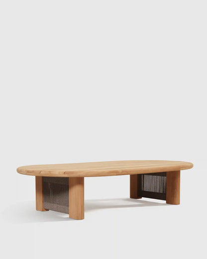 Curved Solid Teak and All-Weather Rope Outdoor Coffee Table