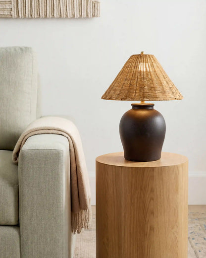 Artisan Ceramic Table Lamp with Rattan Shade