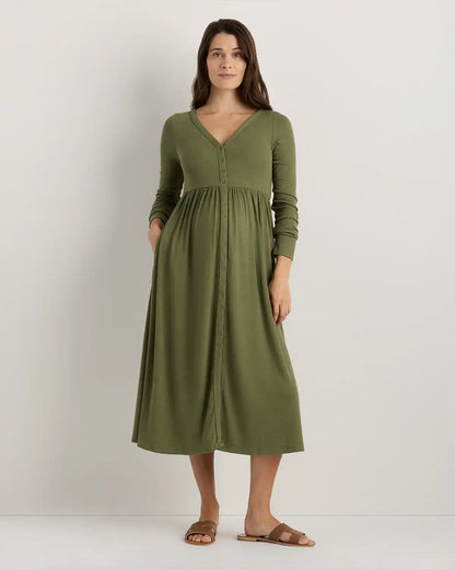 Bamboo Rib Maternity Long Sleeve Button Front Dress