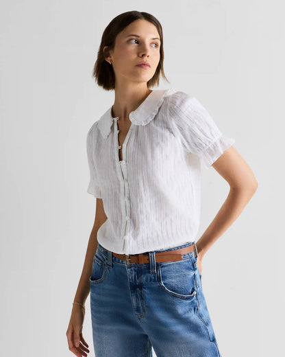 Embroidered Cotton Ruffle Collar Short Sleeve Blouse