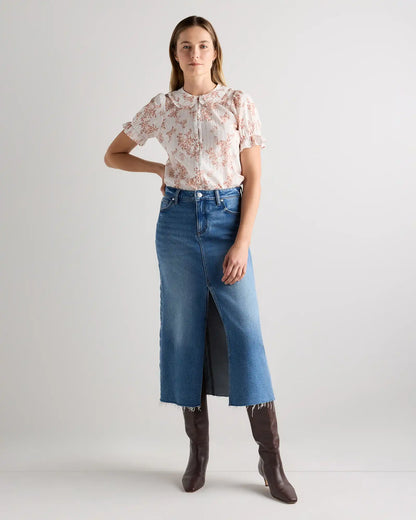 Embroidered Cotton Ruffle Collar Short Sleeve Blouse