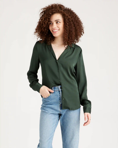 Washable Stretch Silk Notch Collar Blouse