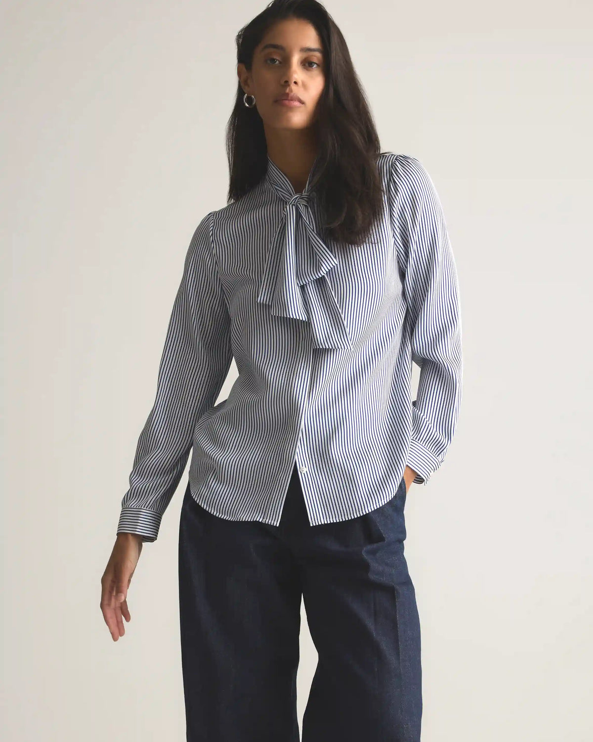 Washable Stretch Silk Tie Neck Blouse