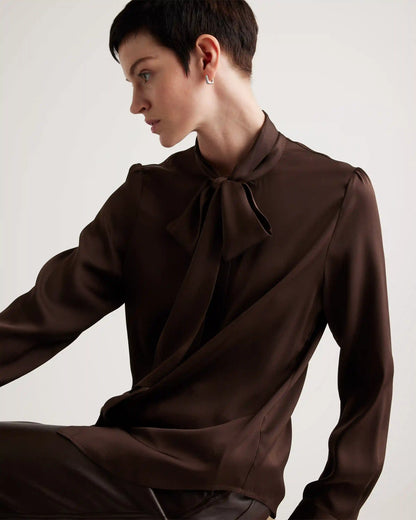 Washable Stretch Silk Tie Neck Blouse
