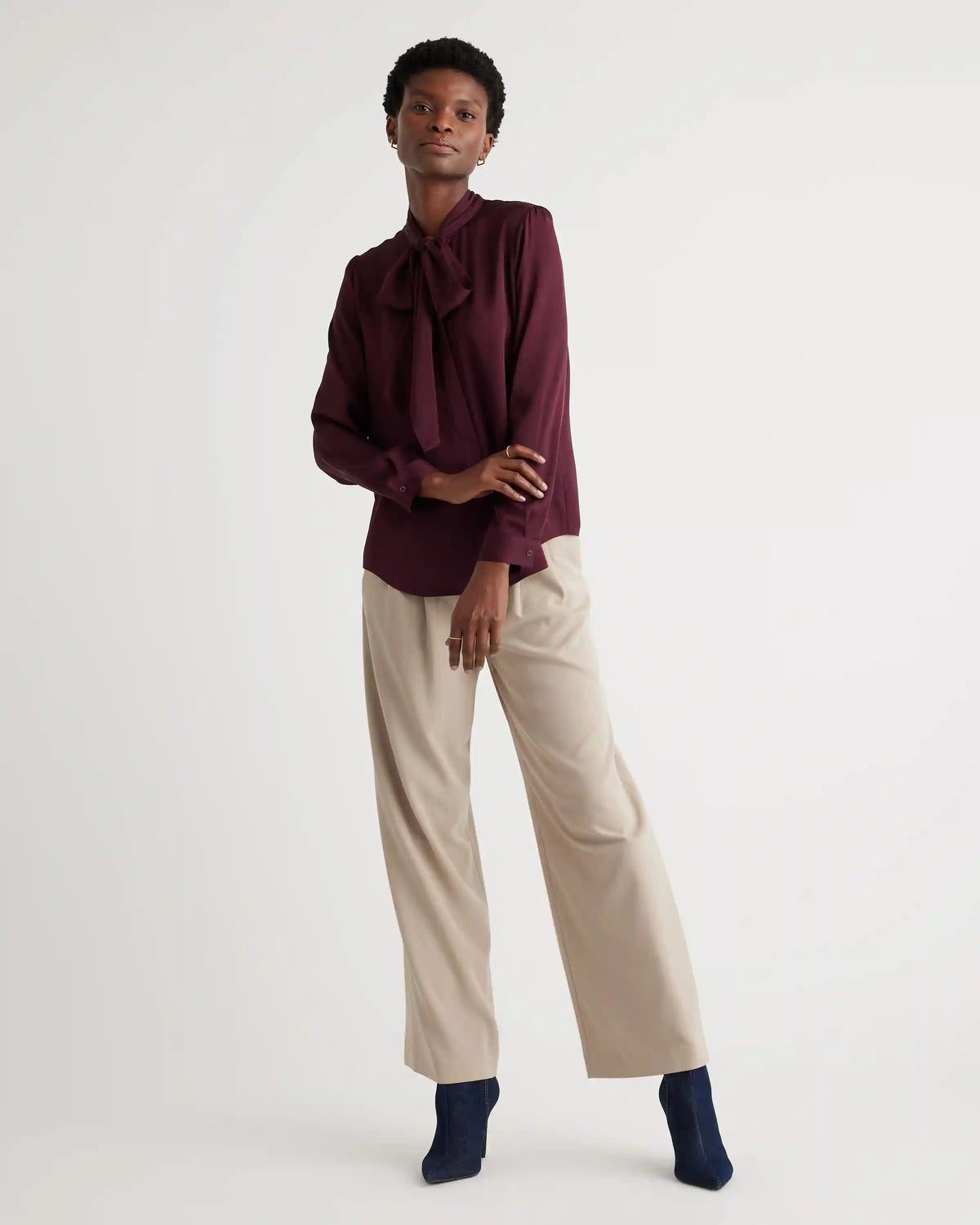 Washable Stretch Silk Tie Neck Blouse