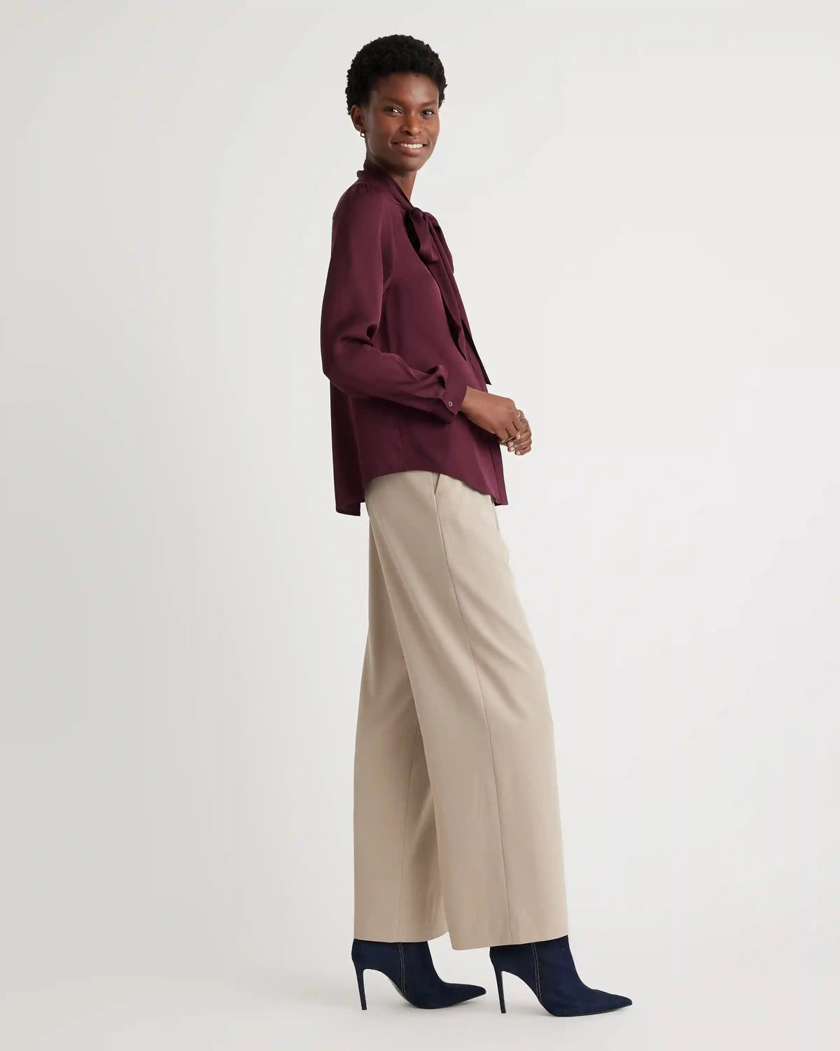 Washable Stretch Silk Tie Neck Blouse