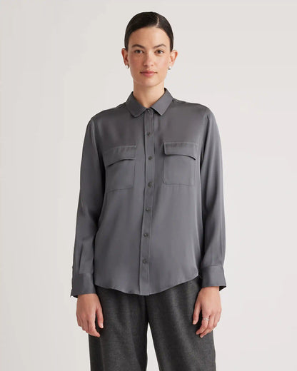 Washable Stretch Silk Utility Long Sleeve Blouse