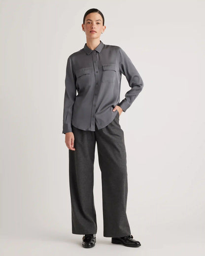 Washable Stretch Silk Utility Long Sleeve Blouse