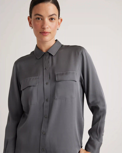 Washable Stretch Silk Utility Long Sleeve Blouse