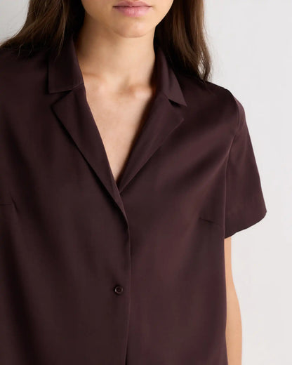 Washable Stretch Silk Short Sleeve Notch Collar Blouse