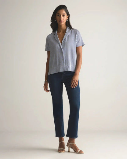 Washable Stretch Silk Short Sleeve Notch Collar Blouse