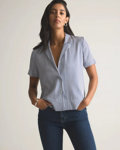 Washable Stretch Silk Short Sleeve Notch Collar Blouse