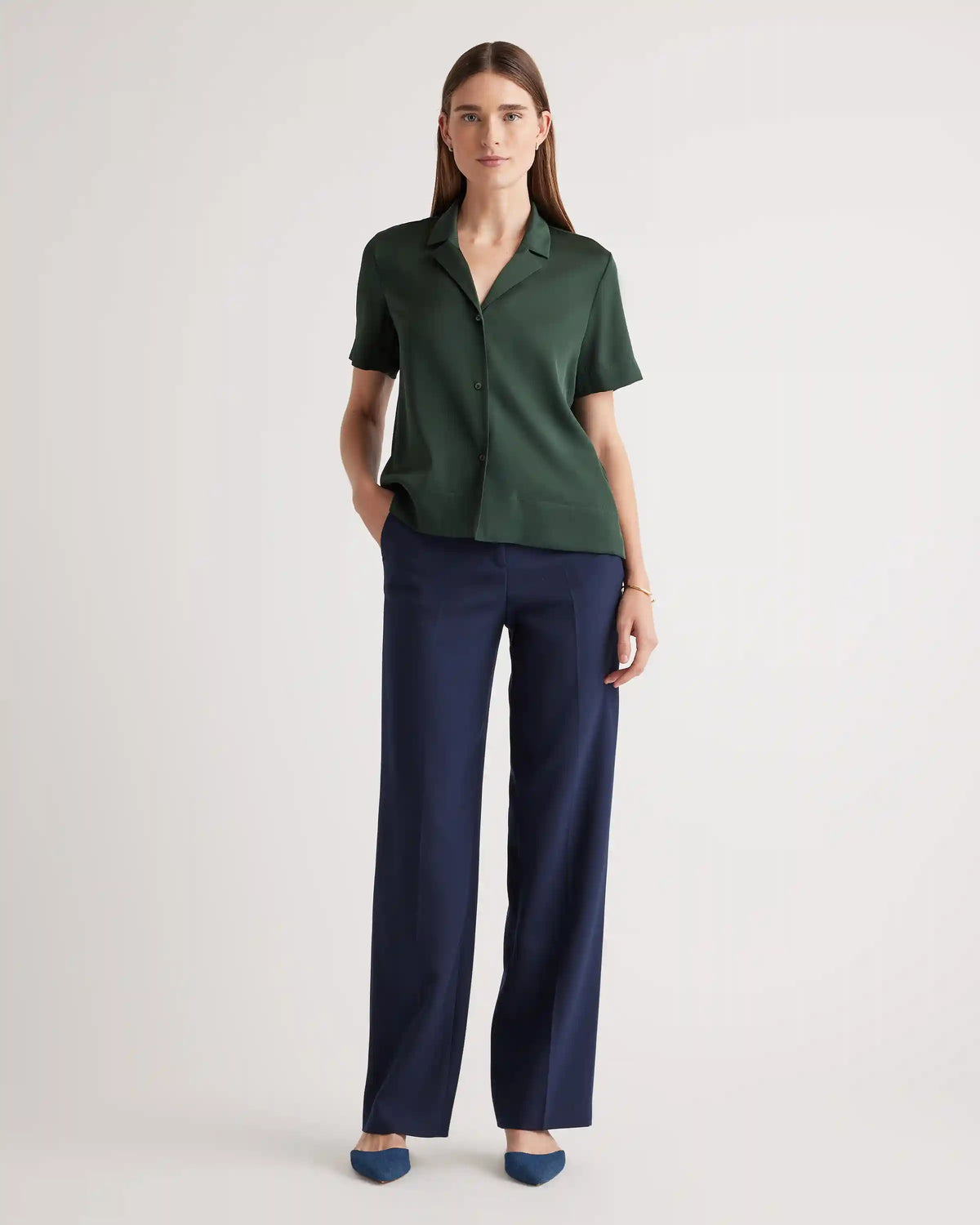 Washable Stretch Silk Short Sleeve Notch Collar Blouse