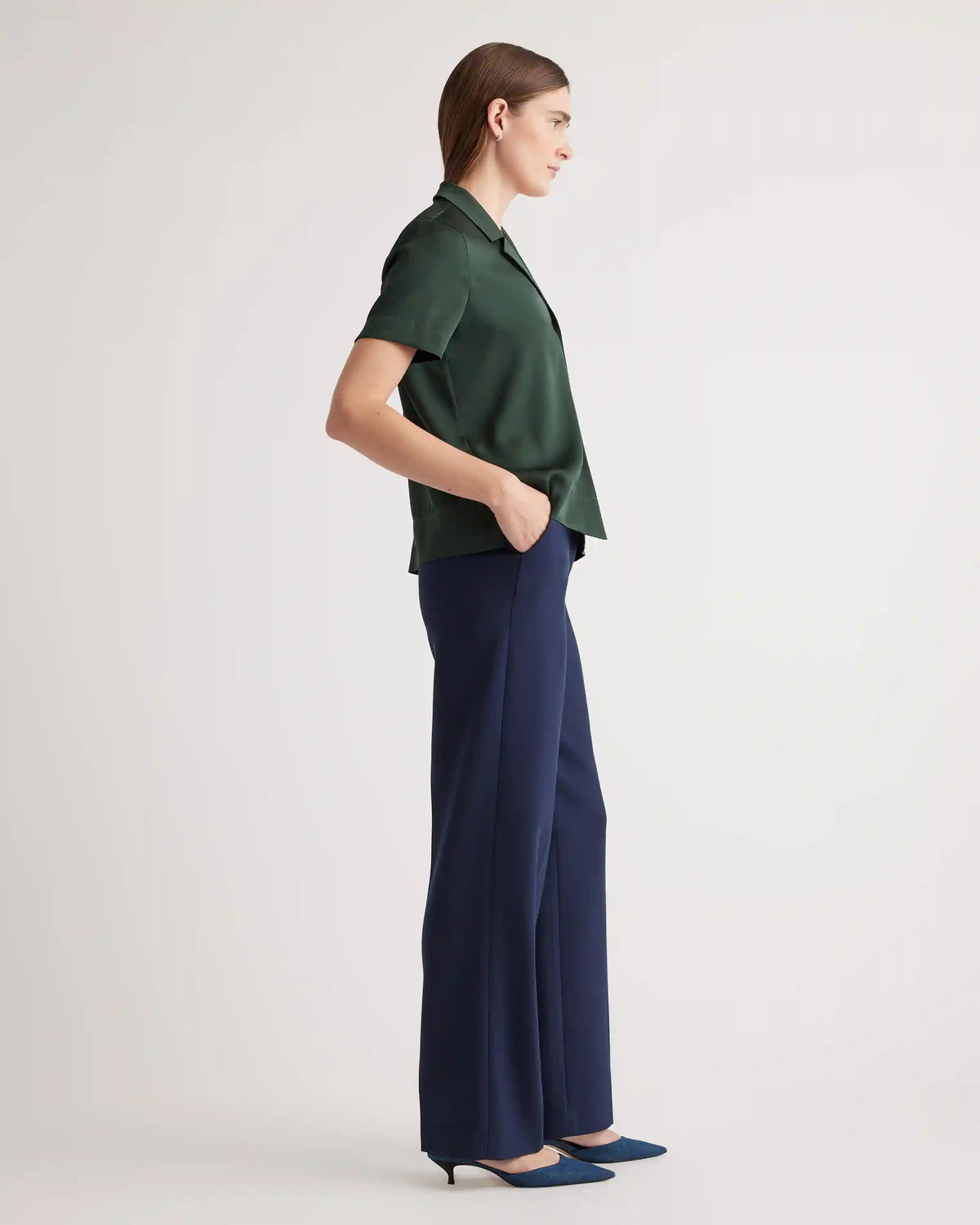 Washable Stretch Silk Short Sleeve Notch Collar Blouse