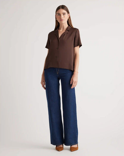 Washable Stretch Silk Short Sleeve Notch Collar Blouse