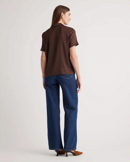 Washable Stretch Silk Short Sleeve Notch Collar Blouse