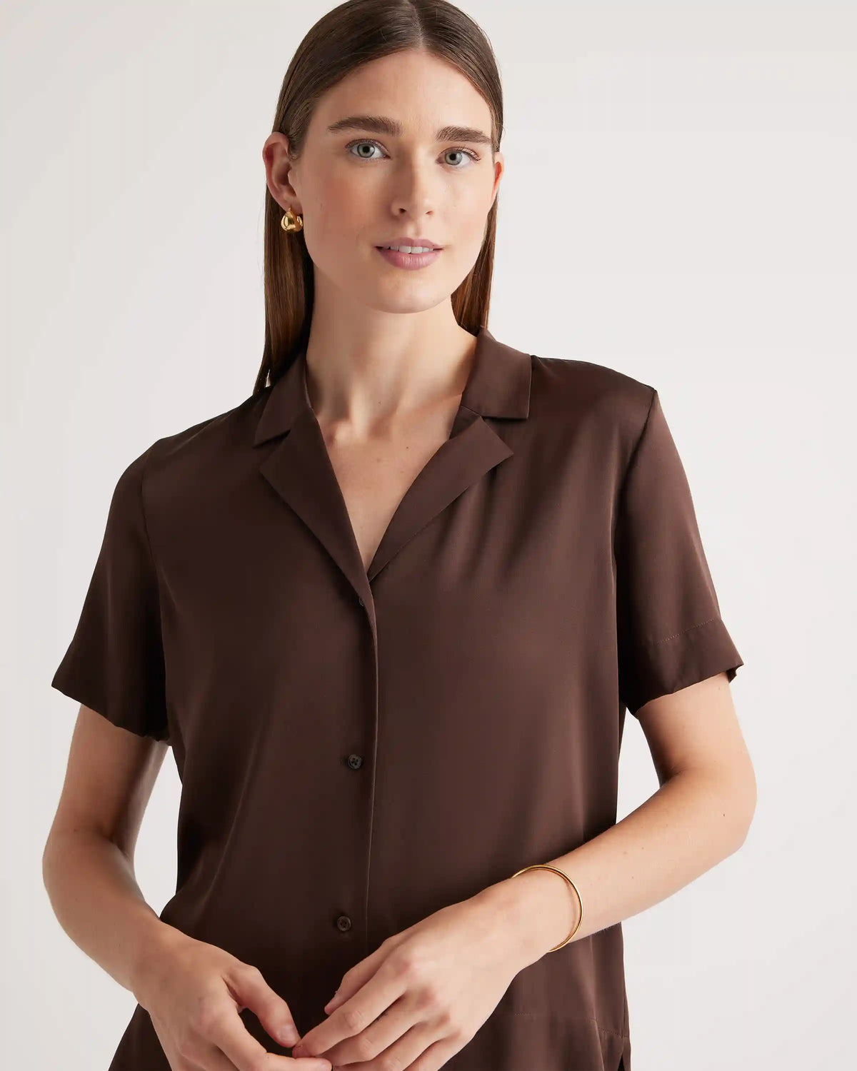 Washable Stretch Silk Short Sleeve Notch Collar Blouse