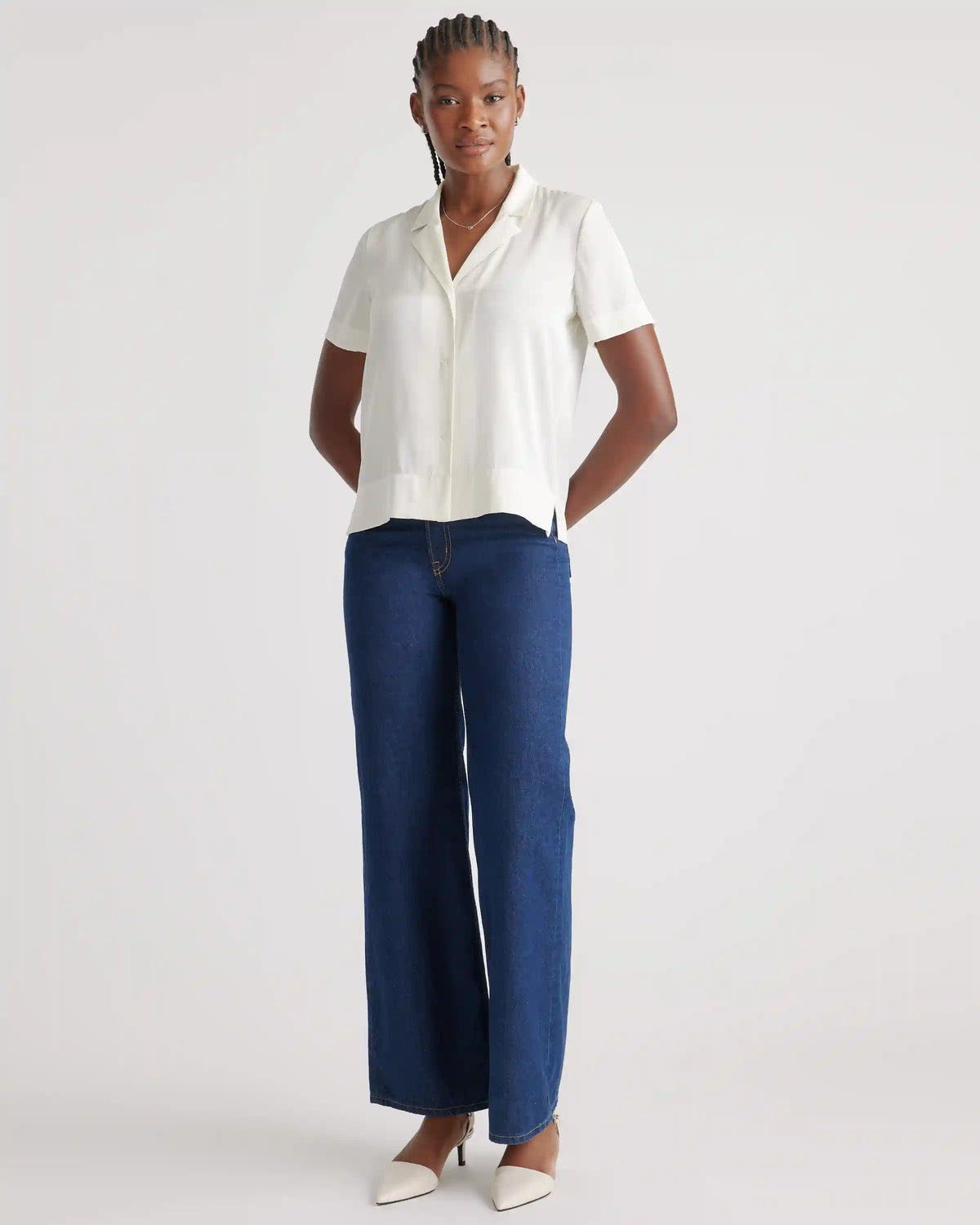 Washable Stretch Silk Short Sleeve Notch Collar Blouse