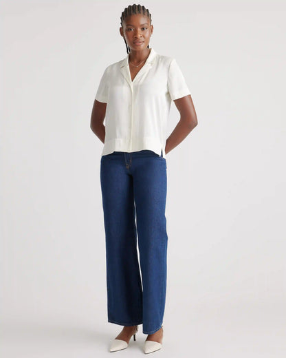 Washable Stretch Silk Short Sleeve Notch Collar Blouse