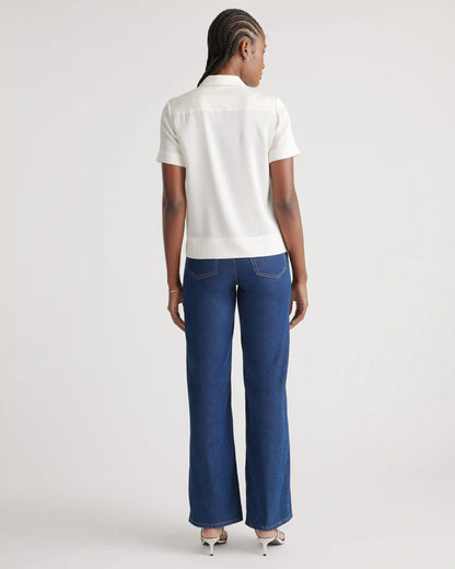 Washable Stretch Silk Short Sleeve Notch Collar Blouse