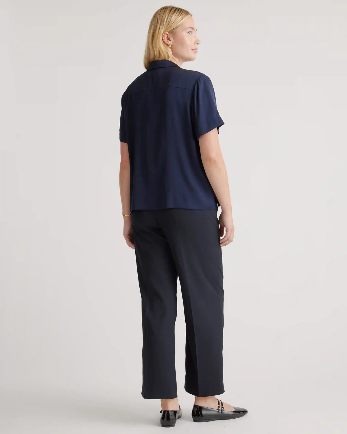 Washable Stretch Silk Short Sleeve Notch Collar Blouse