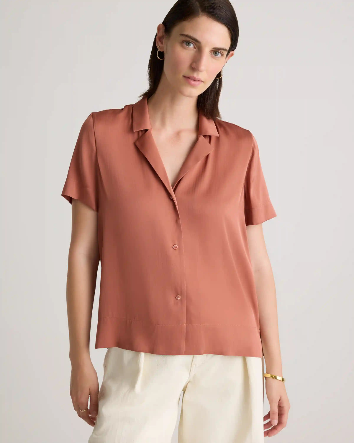 Washable Stretch Silk Short Sleeve Notch Collar Blouse
