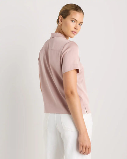 Washable Stretch Silk Short Sleeve Notch Collar Blouse