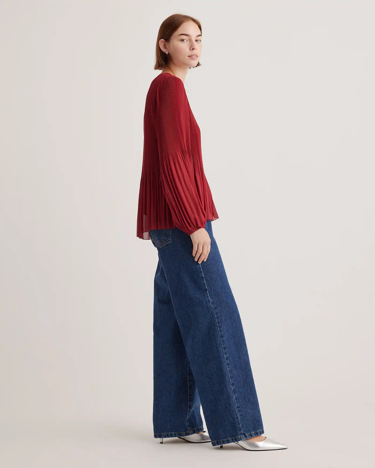 Chiffon Pleated V-Neck Blouse