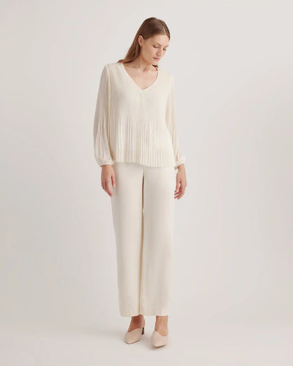 Chiffon Pleated V-Neck Blouse